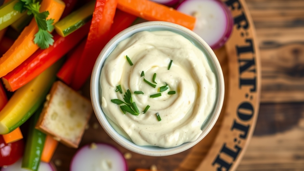 A bowl of garlic confit aioli with fresh herbs beside a platter of colorful dipping vegetables.